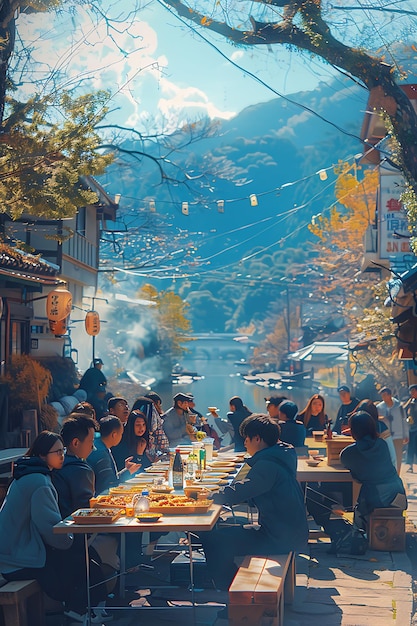 Photo de personnes se rassemblant pour un pique-nique dans un serré Hot Sprin japonais Activités familiales Travail Soins