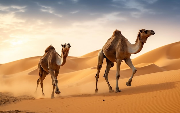 Photo de personnes traversant le désert avec des chameaux