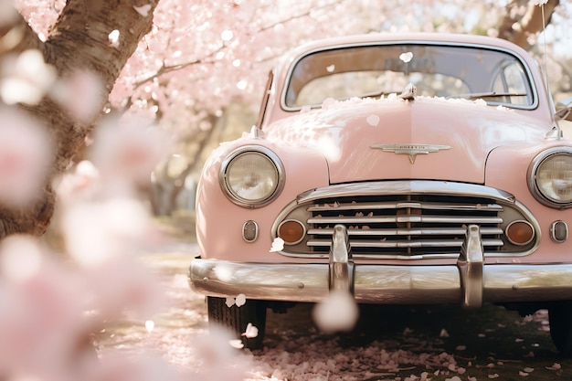 Photo de pétales de fleurs de cerisier sur une voiture vintage