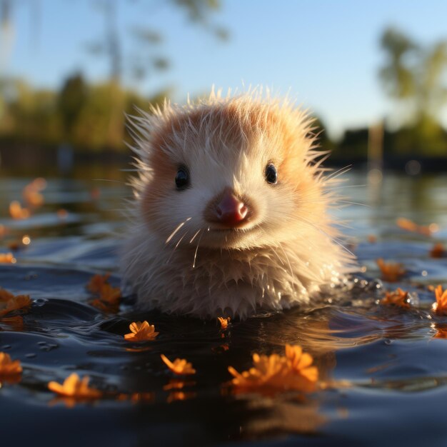 Photo photo d'un petit canard moelleux nageant dans un étang ia générative