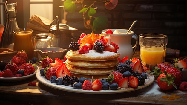 Photo d'un petit déjeuner avec des crêpes et des fruits générés par l'IA