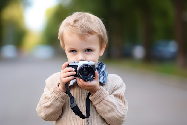 Photo d'un petit garçon prenant des photos avec son appareil photo créé avec une IA générative