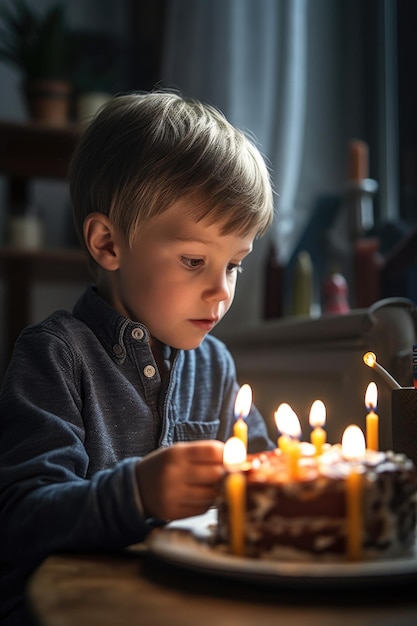 Photo d'un petit garçon soufflant la bougie de son gâteau d'anniversaire créé avec une IA générative