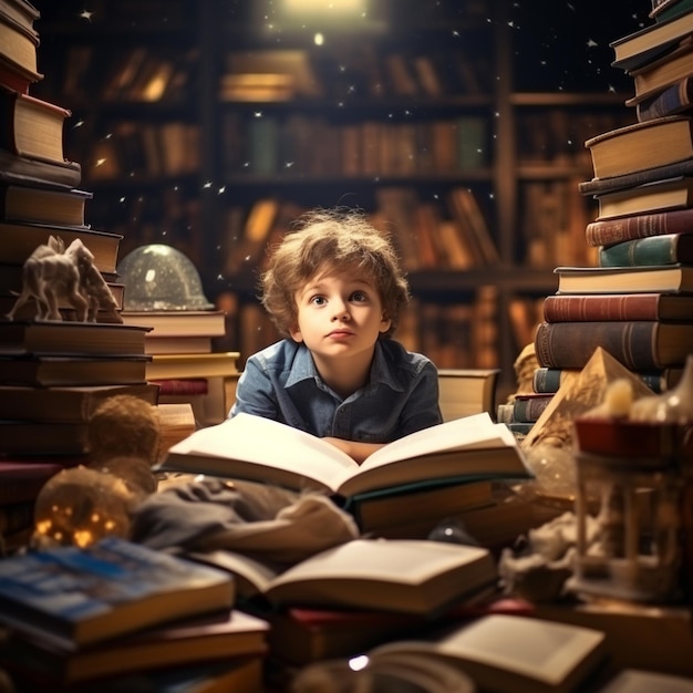 Photo d'un petit homme lisant parmi de grands livres et manuels à l'effet d'échelle gagnant