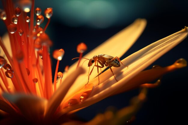 Photo d'un petit insecte explorant un pétale de fleur AI générative