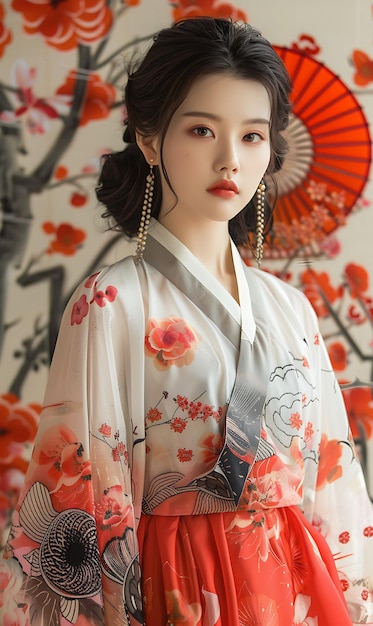 Photo d'un petit modèle féminin avec une idée de concept vintage de collage inspiré de Hanbok inspiré de Dres.