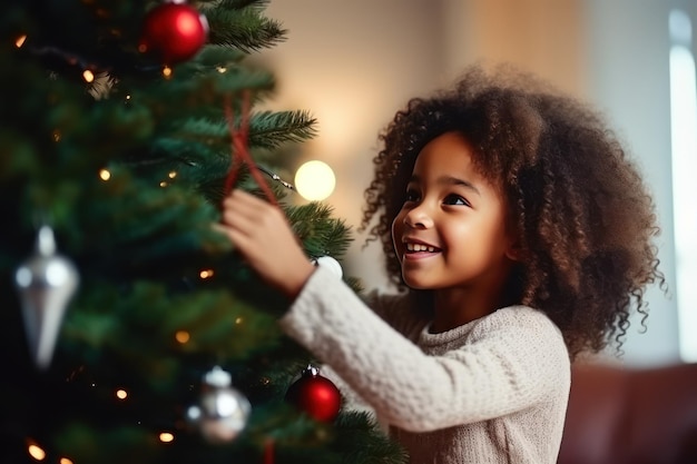 Photo d'une petite fille afro-américaine décorant un arbre de Noël à la maison Attente de la magie des fêtes et des cadeaux du Père Noël