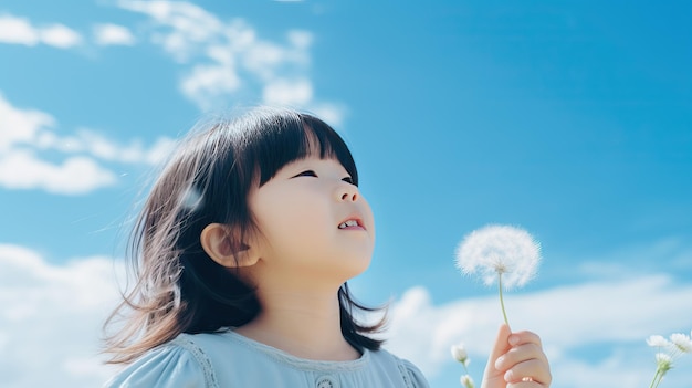 Photo d'une petite fille asiatique soufflant un pissenlit Enfant coréen tenant une fleur de pissenlit ciel bleu