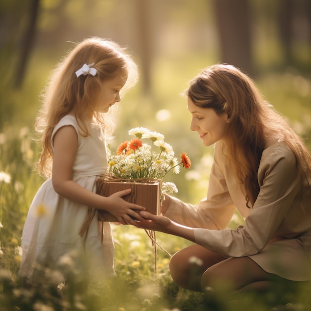 photo d'une petite fille donnant des fleurs de printemps et une boîte cadeau à sa mère pour la fête des mères