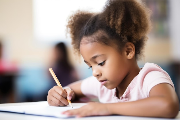 Une photo d'une petite fille écrivant dans son cahier à l'école créée avec l'IA générative