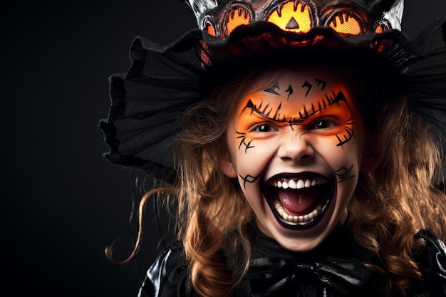 Une photo d'une petite fille heureuse et riante portant un costume de sorcière pour Halloween