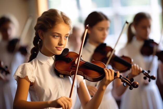 Photo une photo d'une petite fille jouant du violon dans l'orchestre de l'école concept d'éducation concept d'activité de guitare concept d'ia générative