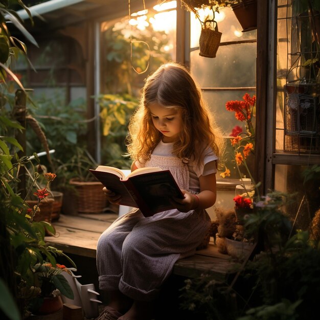 photo d'une petite fille lisant un livre dans le jardin de la maison