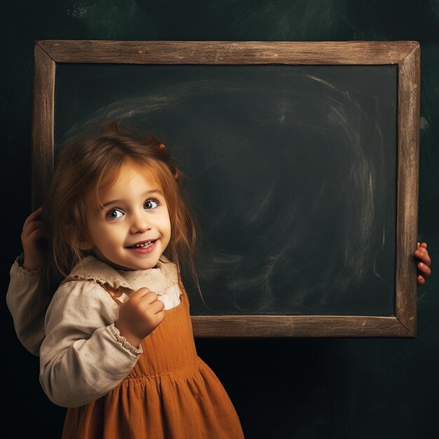 photo d'une petite fille montrant un tableau noir avec des peintures à la craie