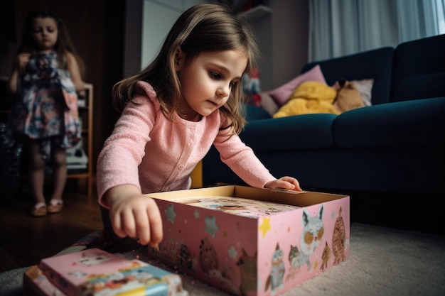 Photo d'une petite fille ouvrant son cadeau d'anniversaire créé avec une IA générative