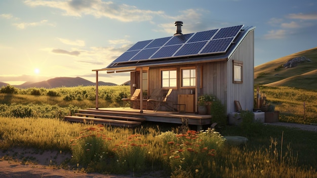 Une photo d’une petite maison alimentée à l’énergie solaire