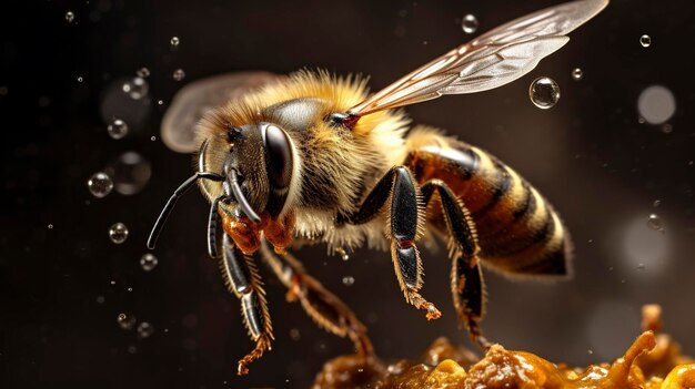 Une photo d'une photo hyper détaillée d'une abeille en plein vol portant une charge de pollen