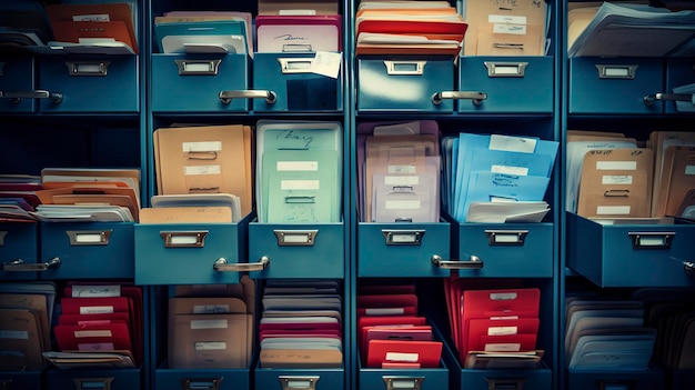 Une photo d'une photo hyper détaillée d'une armoire de classement avec des dossiers étiquetés et des documents organisés