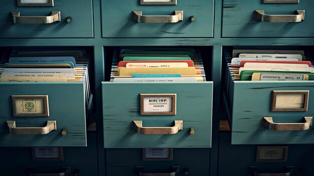 Une photo d'une photo hyper détaillée d'une armoire de classement avec des dossiers étiquetés et des documents organisés