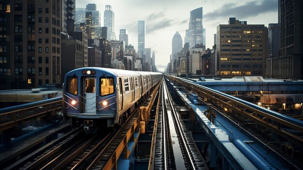 Une photo d'une photo hyper détaillée d'un train traversant un paysage urbain moderne