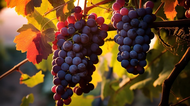 Une photo d'une photo hyper détaillée d'une vigne avec des raisins de cuve mûrs
