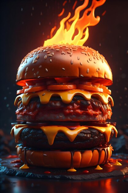 Photo photo vue de face burger avec lave chaude en arrière-plan