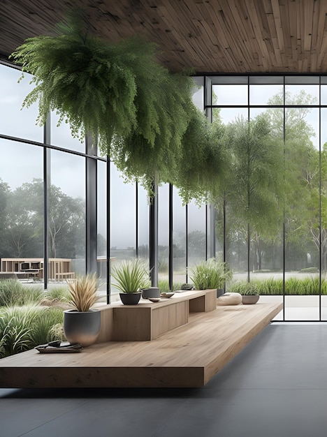 Photo d'une pièce ensoleillée avec des plantes vertes luxuriantes et de grandes fenêtres