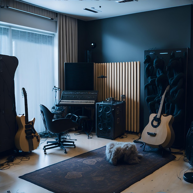 Photo d'une pièce avec des guitares, une guitare et un tapis