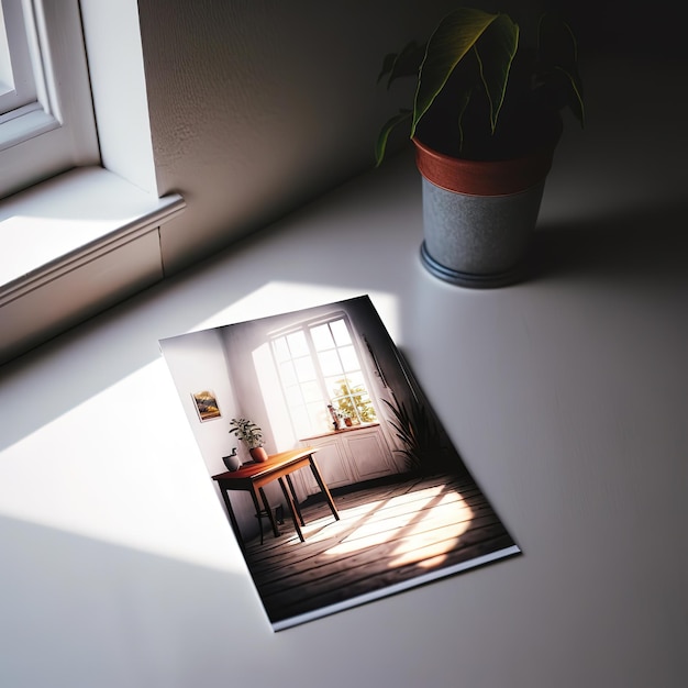 Une photo d'une pièce avec une plante sur la table