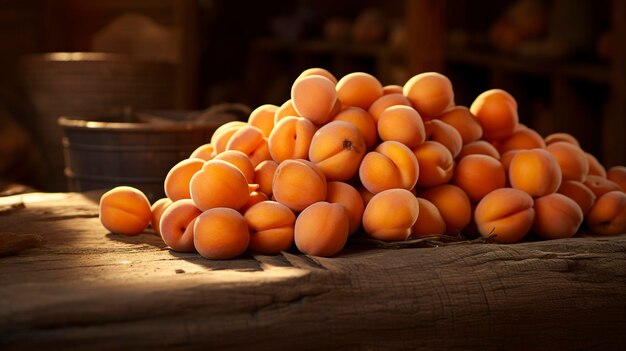 Une photo d'une pile d'abricots dans un cadre rustique