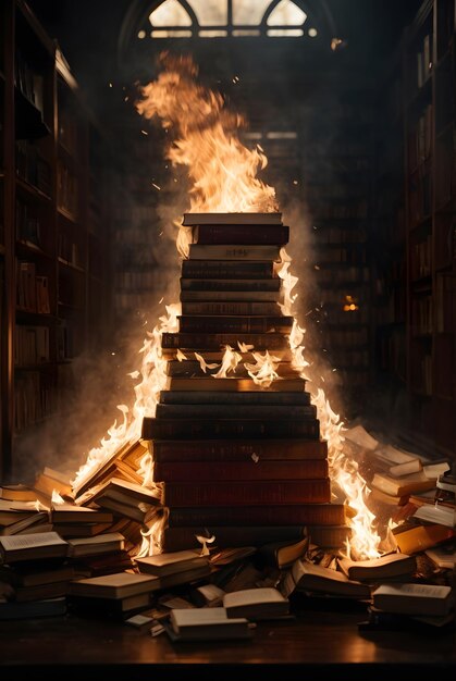 Photo photo pile brûlante de livres sur la bibliothèque