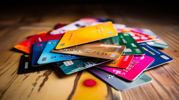 Photo photo d'une pile de cartes de crédit avec des motifs vibrants