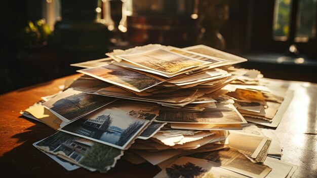 Une photo d'une pile de cartes postales vintage à la lumière douce de la fenêtre