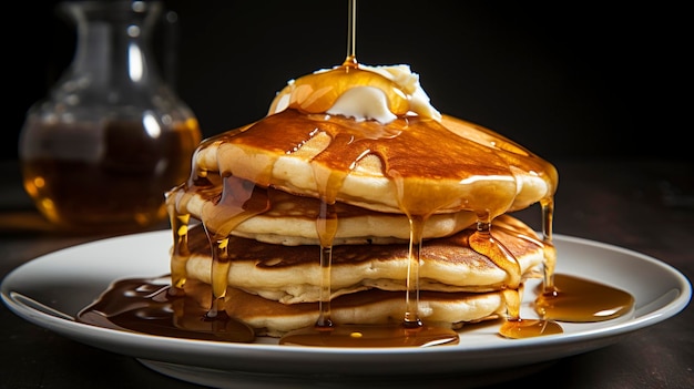 Une photo d'une pile de crêpes moelleuses avec du sirop d'érable