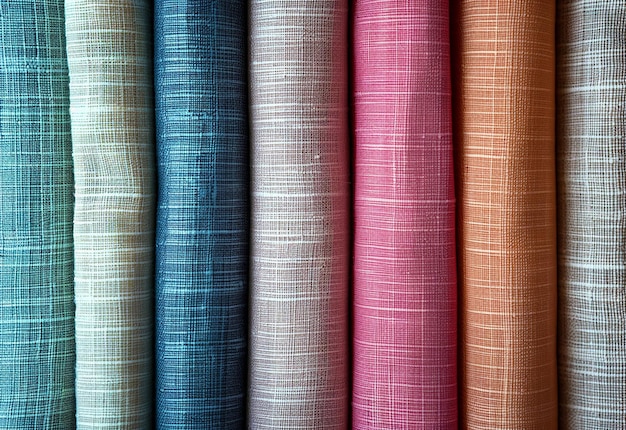 Photo d'une pile de différentes couleurs de rouleaux de tissu de vêtements de rouleeaux de textile de rayons de magasins de magasins