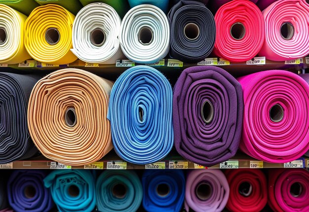 Photo d'une pile de différentes couleurs de rouleaux de tissu de vêtements de rouleeaux de textile de rayons de magasins de magasins