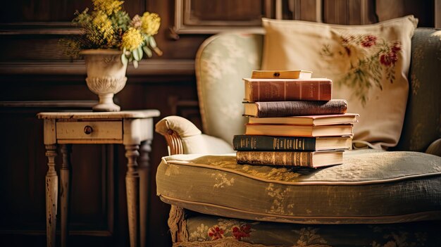 Photo une photo d'une pile de livres sur un fauteuil vintage, un décor de salon confortable