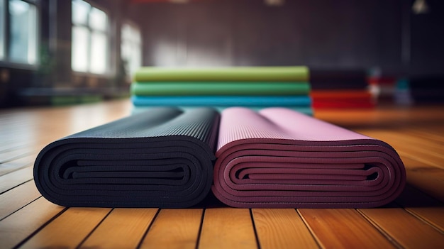 Une photo d'une pile de tapis de yoga dans un espace d'entraînement