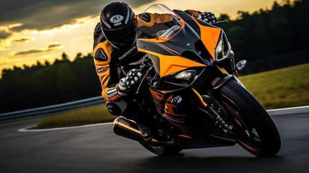 Photo photo d'un pilote sur une moto de sport sur une route d'asphalte une atmosphère de vitesse et de puissance