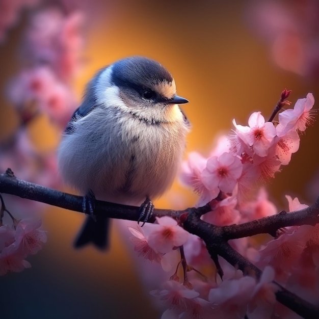 Photo d'un pinson jaune assis sur une branche d'un prunier violet clair