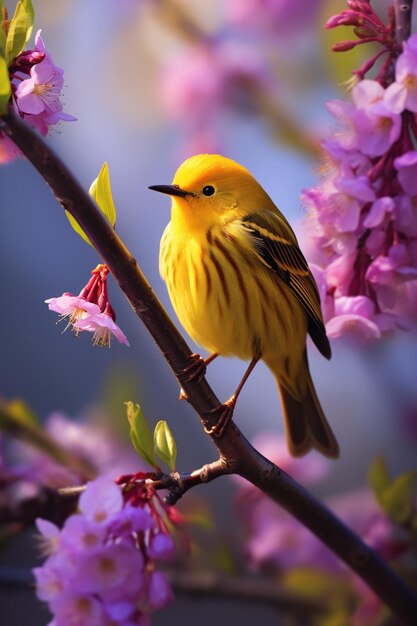 Photo d'un pinson jaune assis sur une branche d'un prunier violet clair