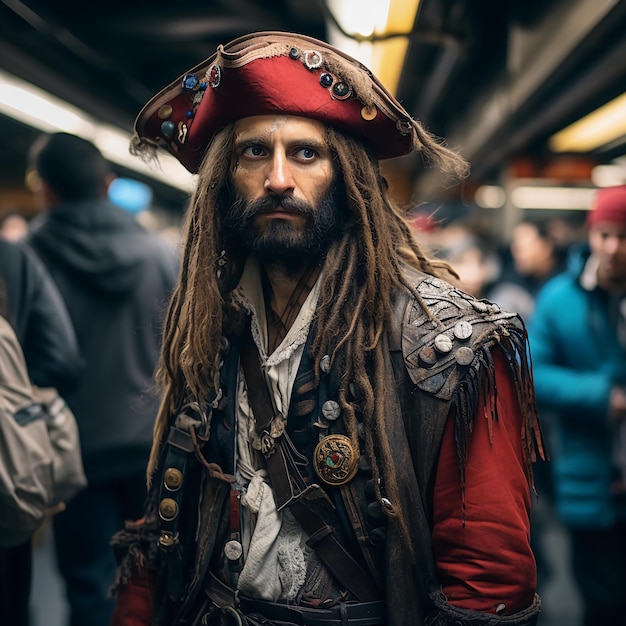 une photo d'un pirate de l'année 1678 dans une station de métro à New York en 2023