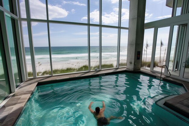 Une photo d'une piscine couverte avec de grandes fenêtres surplombant la plage où une personne nage.