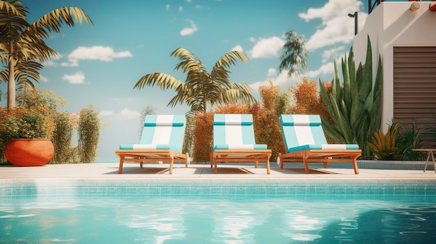 Une photo d'une piscine immaculée avec des chaises longues