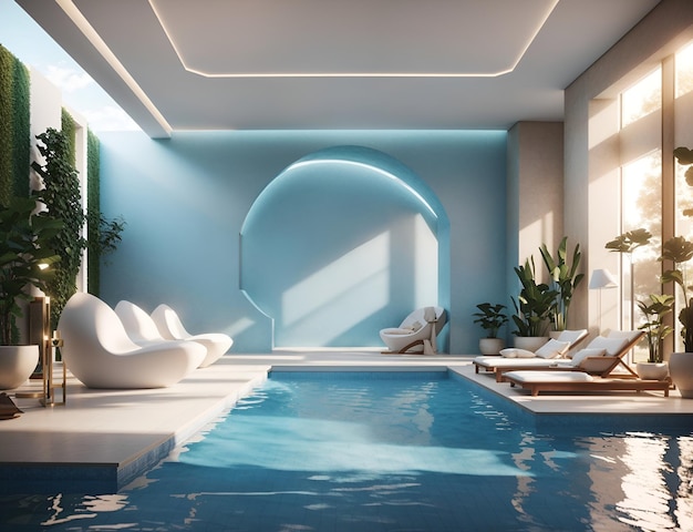 Photo d'une piscine intérieure luxueuse avec des chaises longues confortables