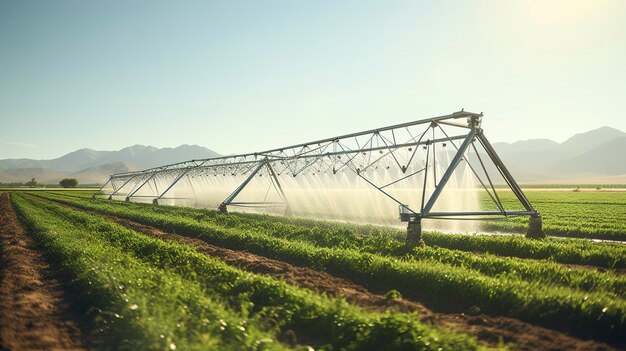 Une photo d'un pivot d'irrigation agricole en mouvement