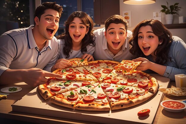 Photo de pizza chaude en gros plan sur une table en arrière-plan d'un groupe ou d'une entreprise d'amis