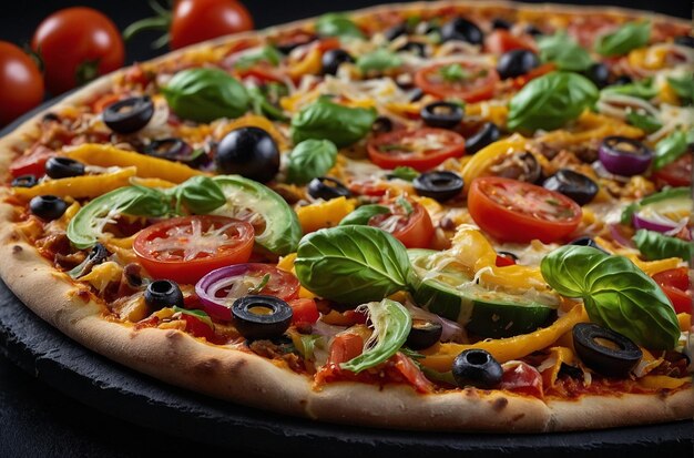Photo d'une pizza Fiesta Veggie Delight sur une surface noire