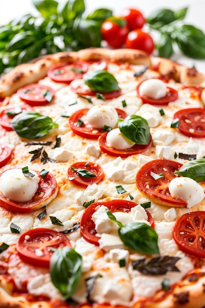 photo d'une pizza mozzarella dans un commerce avec un fond blanc