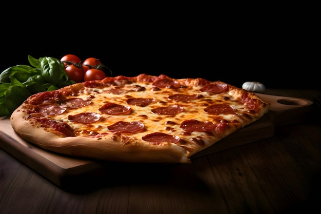 Photo de pizza sur une planche de bois et vue de côté de table fond noir